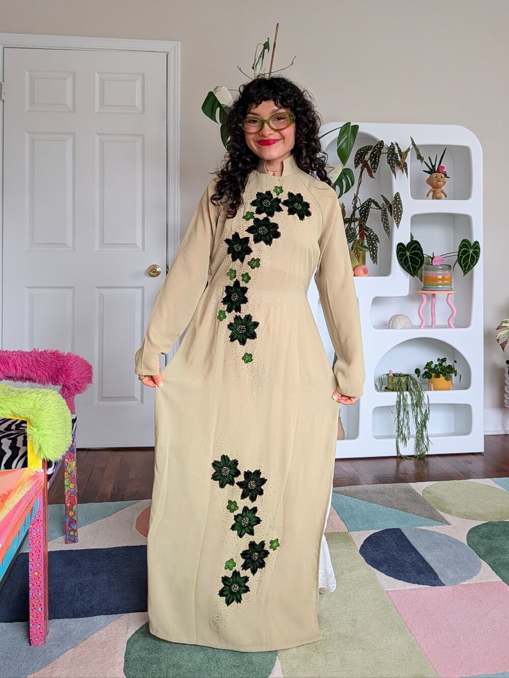 Vintage sheer maxi dress with handpainted flowers